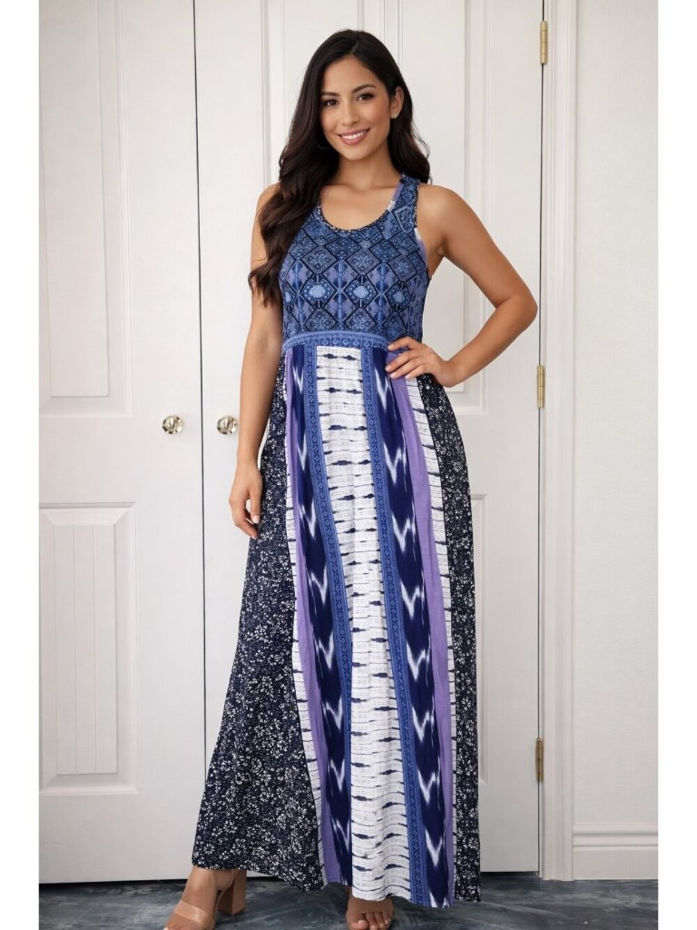Patrons Of Peace Womens Boho Maxi Dress Blue Purple Patchwork Print Size S